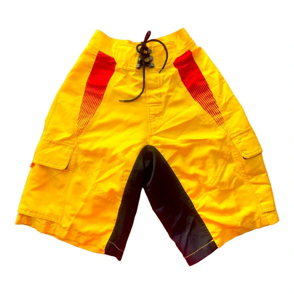 FOX VINTAGE Bright Yellow Red & Black Swim Trunks - Size 26 - Picture 1 of 7